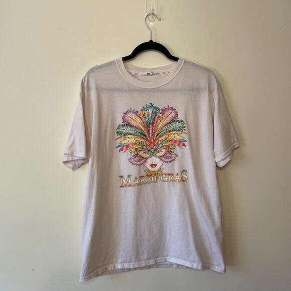 Mardigras Fruit of the Loom L short sleeve t-shirt feather mask party white - Picture 1 of 7